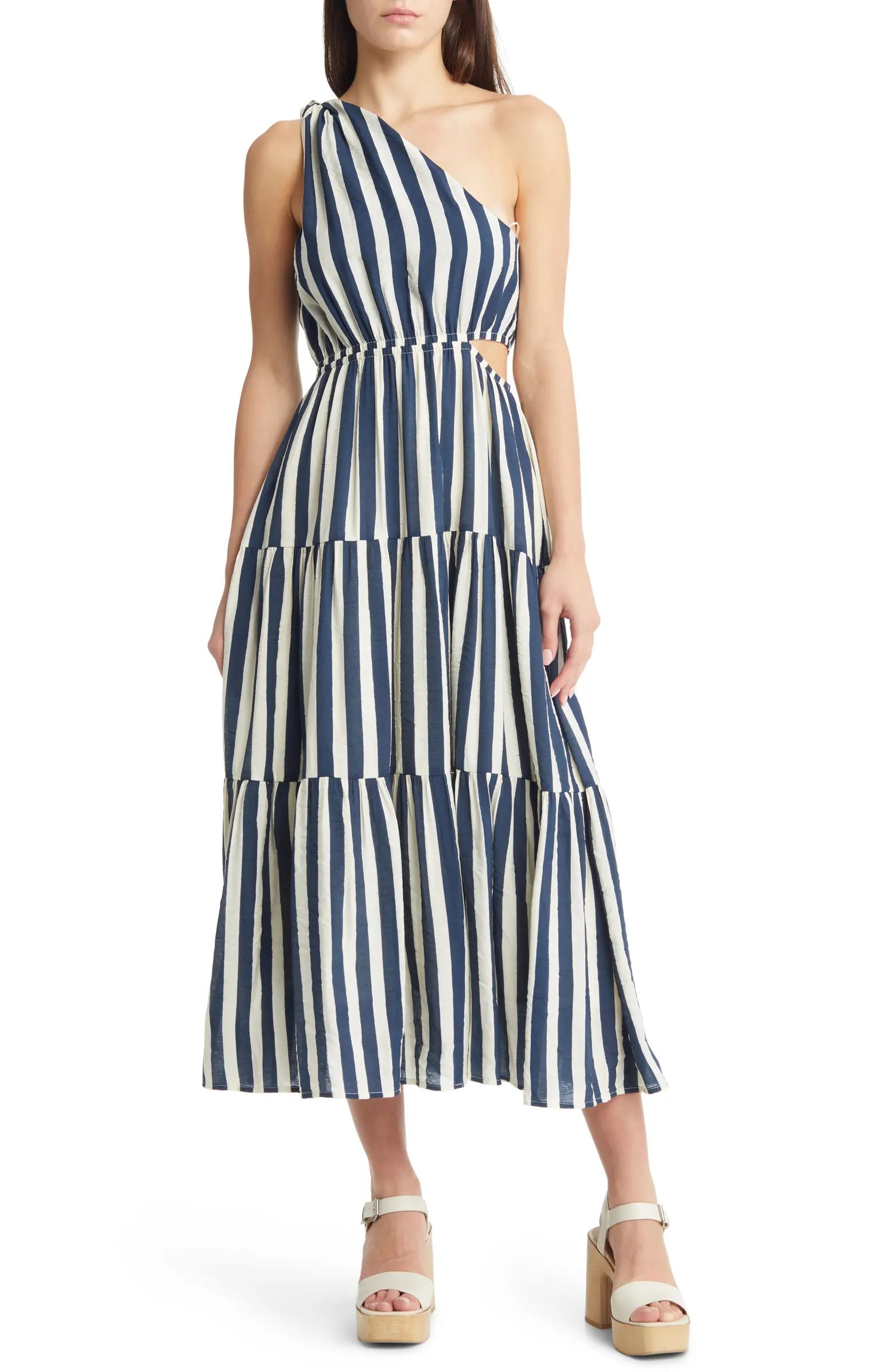 Stripe One-Shoulder Cutout Midi Dress | Nordstrom