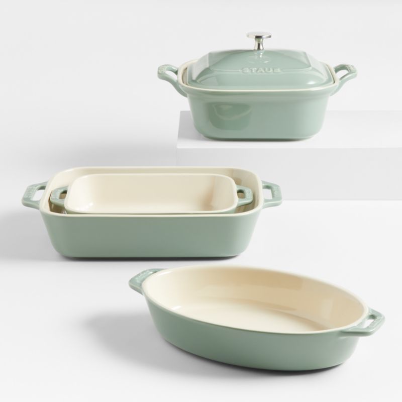 Staub 5-Piece Eucalyptus Green Ceramic Baking Dish Set + Reviews | Crate & Barrel | Crate & Barrel
