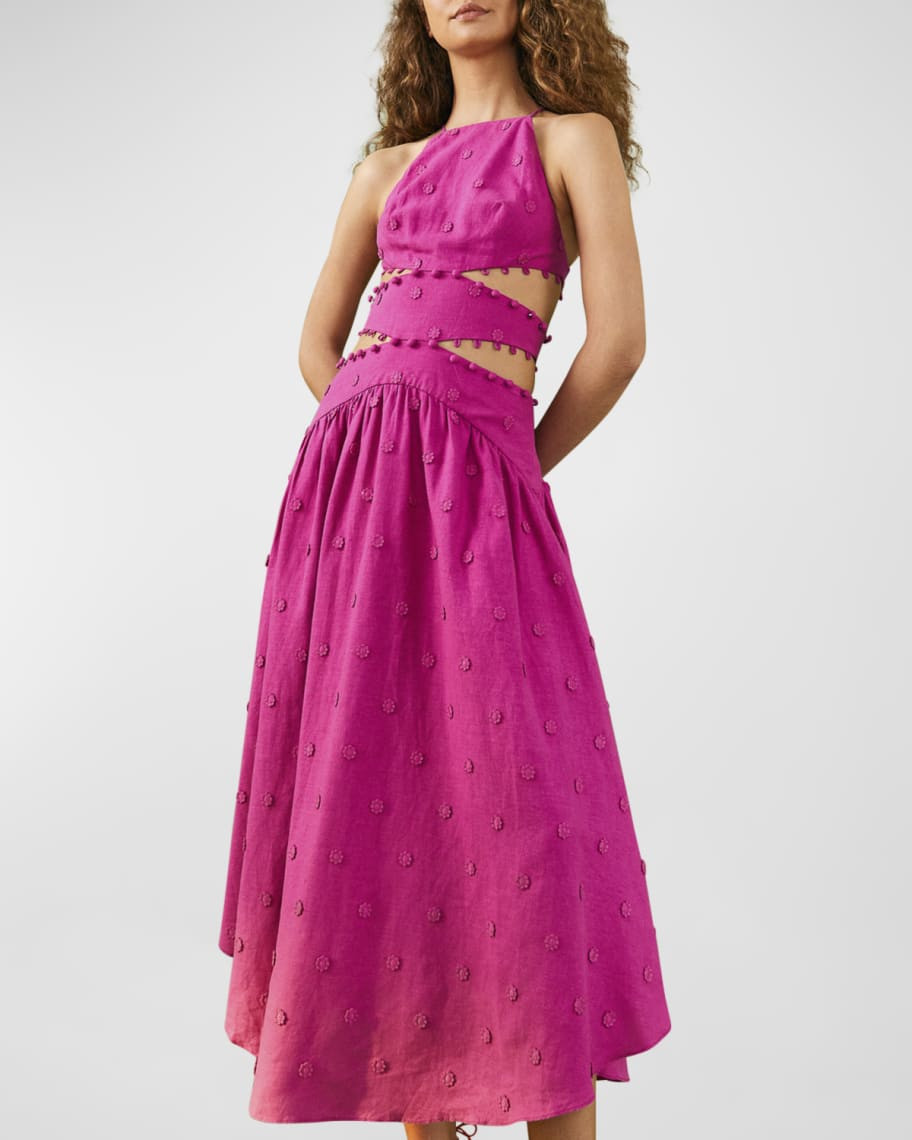 Farm Rio 3D Flower Sleeveless Cutout Halter Midi Dress | Neiman Marcus