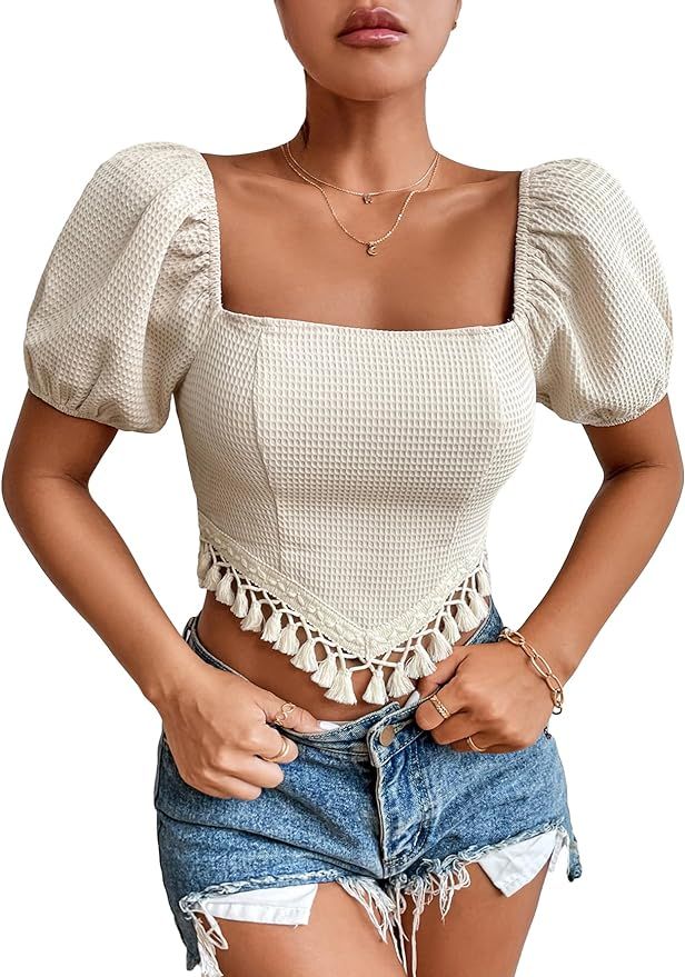 OYOANGLE Women's Square Neck Fringe Puff Short Sleeve Top Tassel Asymmetrical Hem Cropped Blouse | Amazon (US)