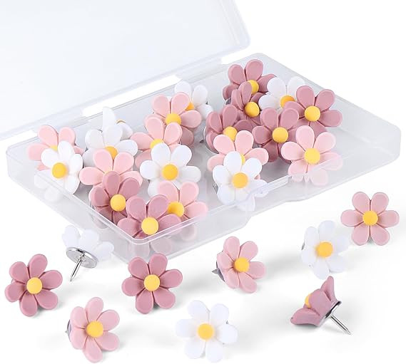 Flower Push Pins, 30pcs Pins for Cork Board Pink Decorative Thumb Tacks Cute Fun Photo Wall, Feat... | Amazon (US)