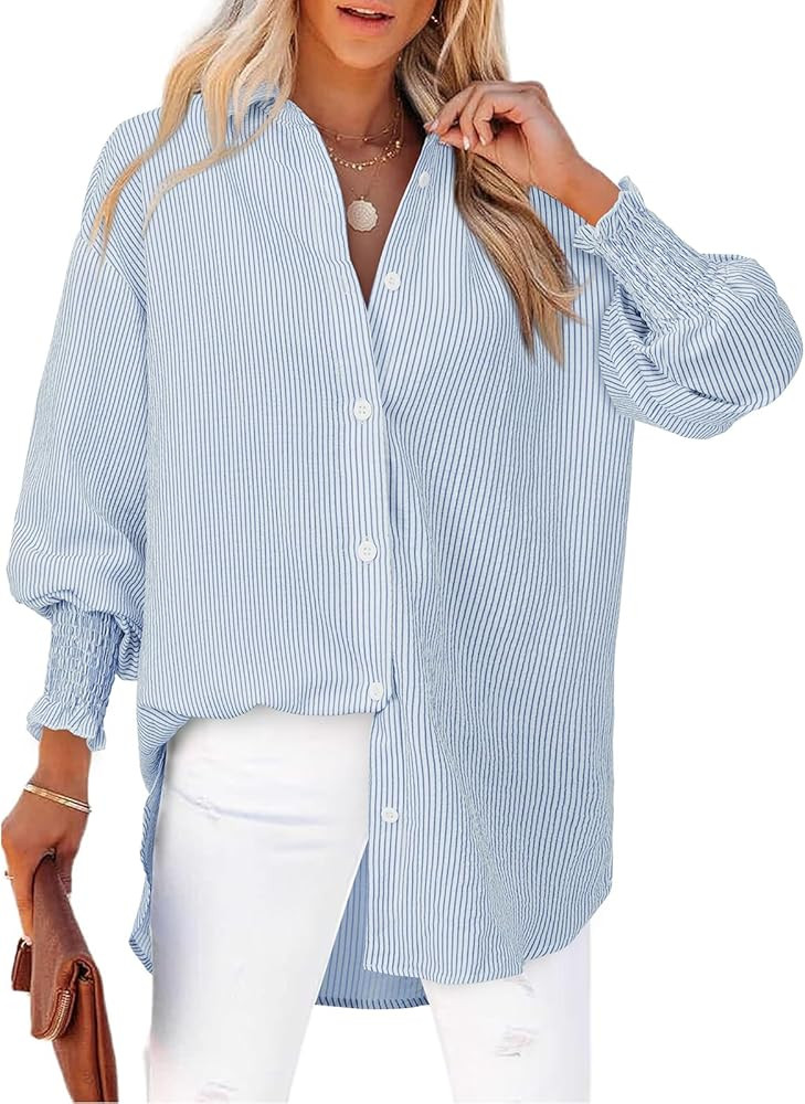 Women's Striped Button Down Shirts Long Sleeve Smocked Cuffed Oversized Boyfriend Blouses Collare... | Amazon (US)