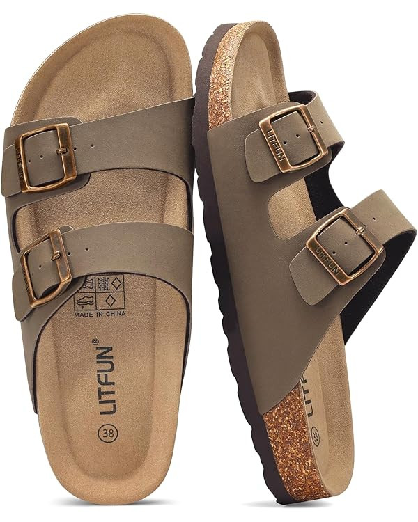 Litfun Women's Cork Footbed Sandal Summer Slip On Slide Sandals with Adjustable Buckle | Amazon (US)