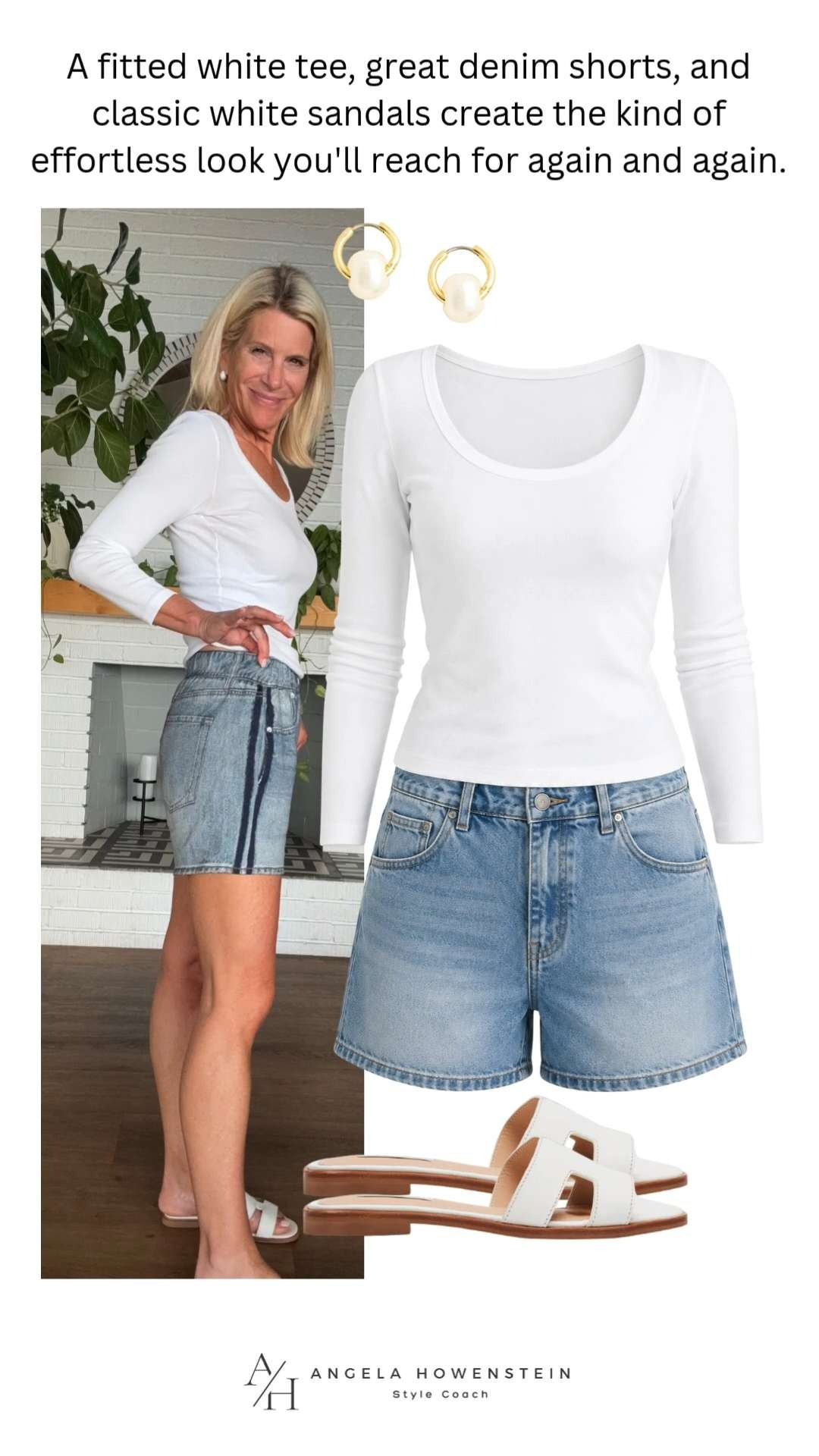Denim shorts with a fitted white tee and classic white sandals for a look that's comfortable, flattering, and effortlessly chic.  

 #LTKootd #LTKSeasonal #LTKOver40