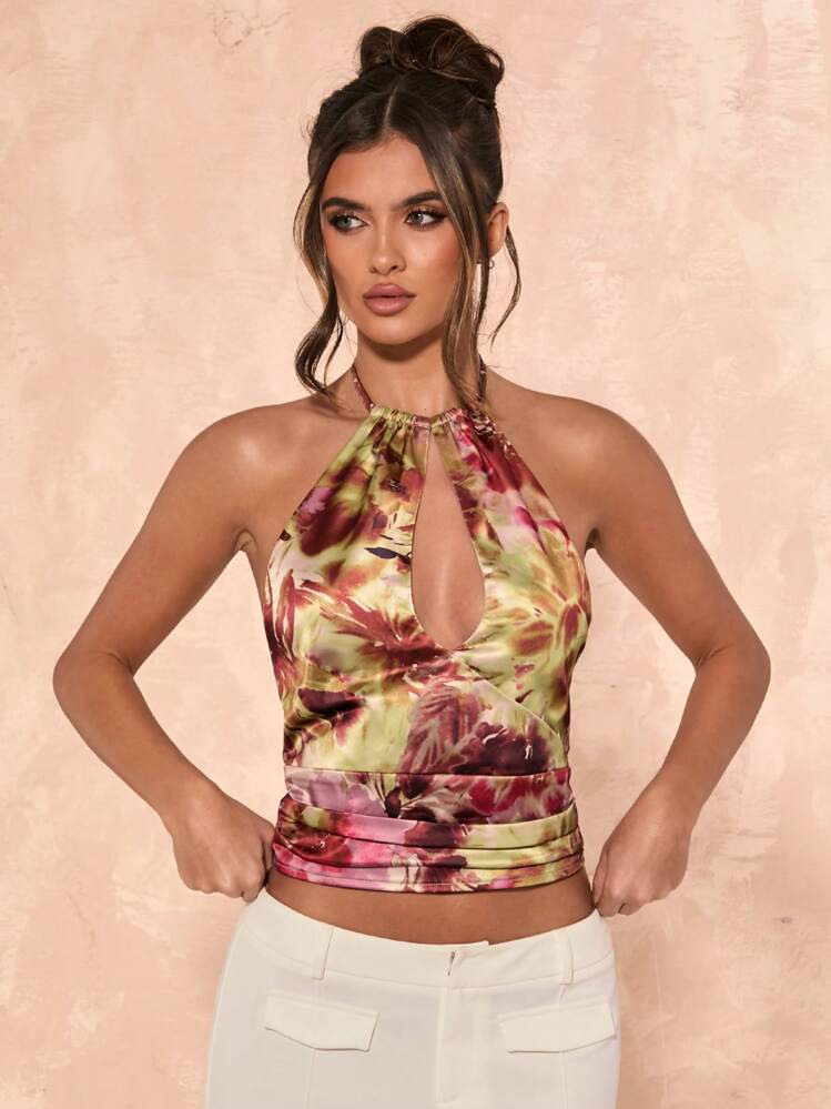 SHEIN BAE Women's Tie-Dye Hollow-Out Sexy Halter Neck Blouse | SHEIN
