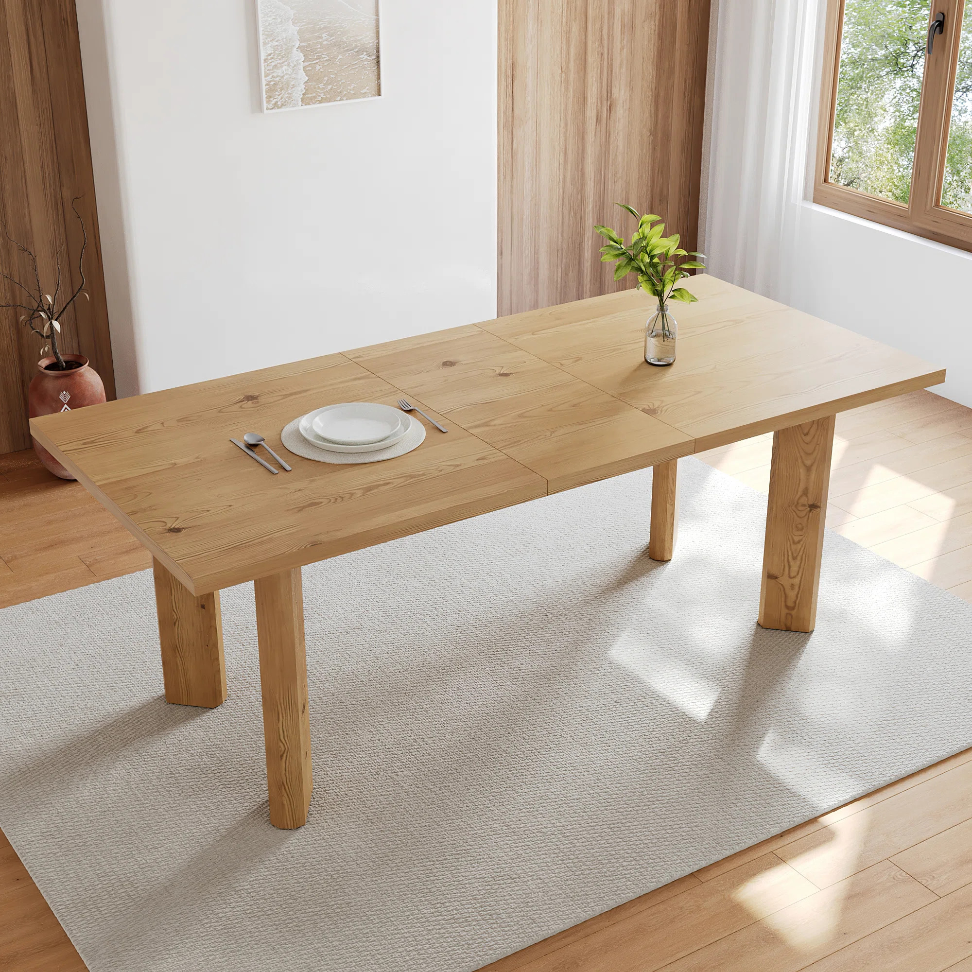 63-78.7 in. Oak Rectangular Extendable Mid-Century Modern Dining Table For 6-8 With Carbon Steel ... | Wayfair North America