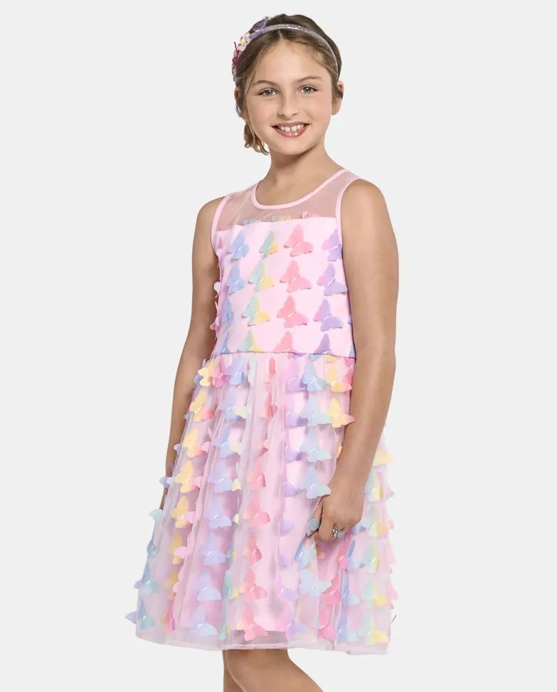 Girls Rainbow 3D Butterfly Mesh Fit And Flare Dress - bright pink | The Children's Place