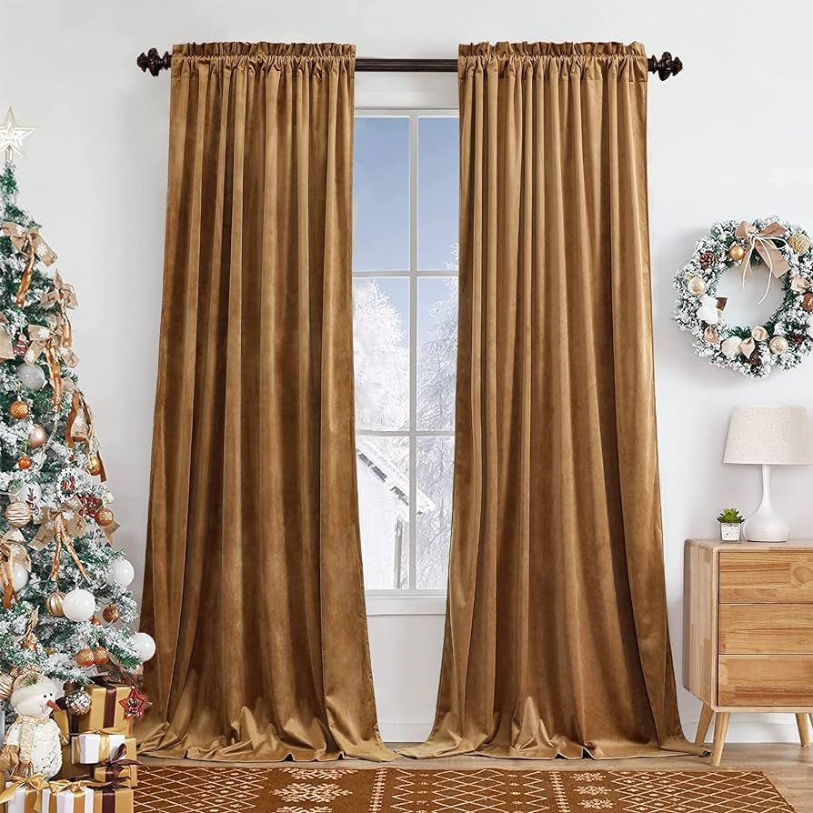 Benedeco Camel Velvet Curtains for Bedroom Window, Super Soft Luxury Drapes, Room Darkening Therm... | Amazon (US)