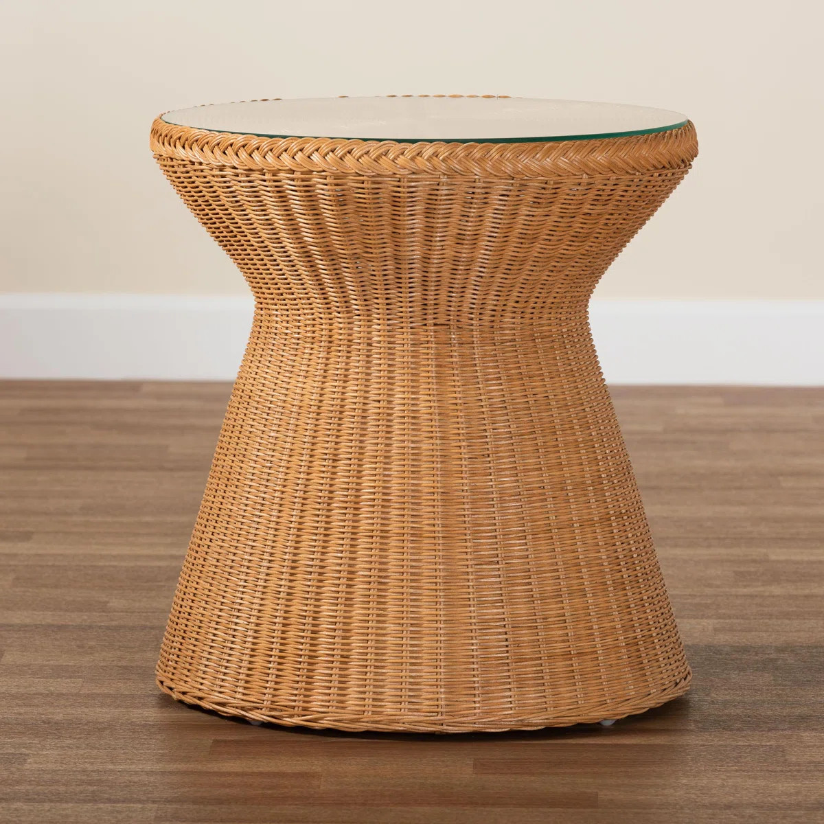 Bethyl Bali & Pari Nina Bohemian Light Honey Braided Rattan End Table With Glass Tabletop | Wayfair North America