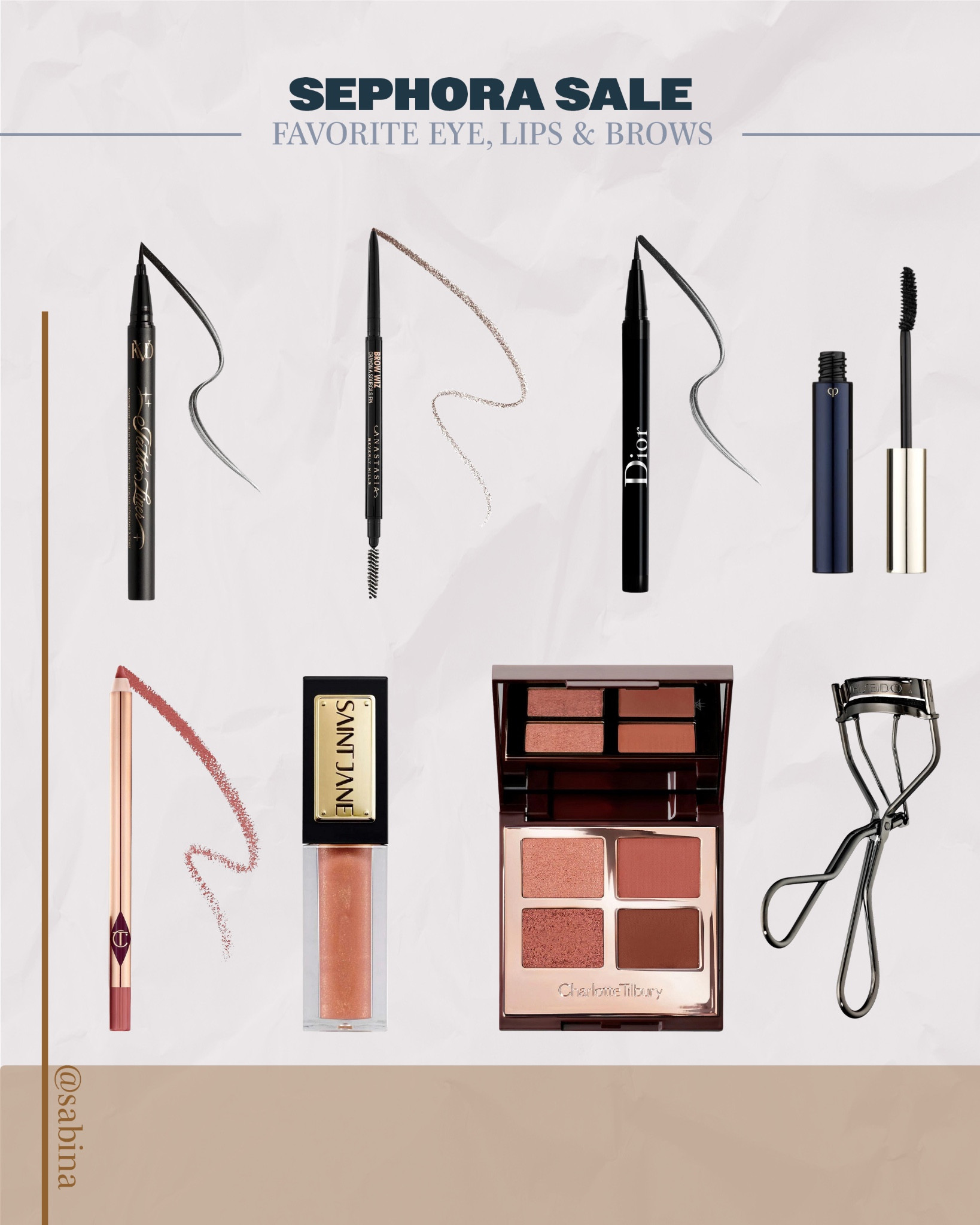 The Sephora sale has started use code: TIMETOSAVE to save at checkout. The Cleau De Pau mascara is not on Sephora but it is my all time favorite mascara and couldn’t link one from Sephora that I don’t use. 

KVD: Trooper - Satin black
Anastasia Brow: Auburn
Dior: 091 Matte Black
Charlotte Tilbury lip liner: Pillow Talk Medium - warm berry pink 
Saint Jane: Bliss - Universal nude
Charlotte Tilbury Eyes: Pillow Talk Dreams

#LTKsalealert #LTKparties #LTKbeauty