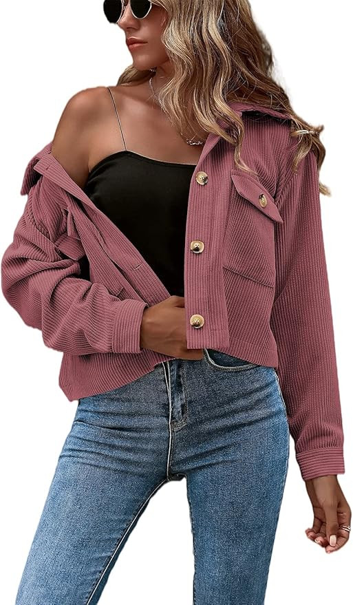 Eteviolet Women's Casual Cropped Corduroy Jackets Button Down Long Sleeve Shirts Jacket With Pock... | Amazon (US)