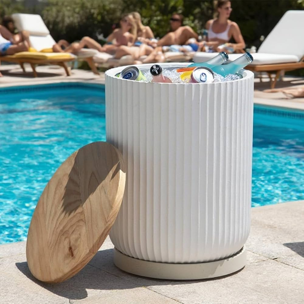 Outdoor Cooler Side Table with Wheels, Patio Table with Stainless Steel Ice Chest Storage Bucket,... | Amazon (US)