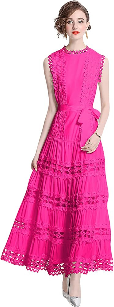 LAI MENG FIVE CATS Women Sleeveless Hollow Out Maxi Dress Casual Wedding Guest Long Dress with Be... | Amazon (US)