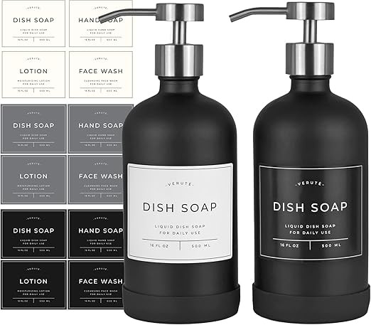 Verute 16oz Black Glass Soap Dispenser with Stainless Steel Pump, 21 Waterproof Labels and Non-Sl... | Amazon (US)