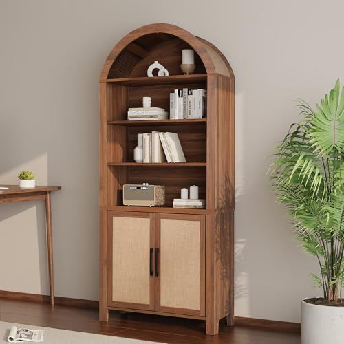 Janmer Home 71" Tall Arched Bookcase with Storage, Mid-Century Modern 6-Tier Cabinet with Door, Arched Bookshelf Cabinet with Open Display Storage Shelf for Office Living Room (Walnut) | Amazon (US)