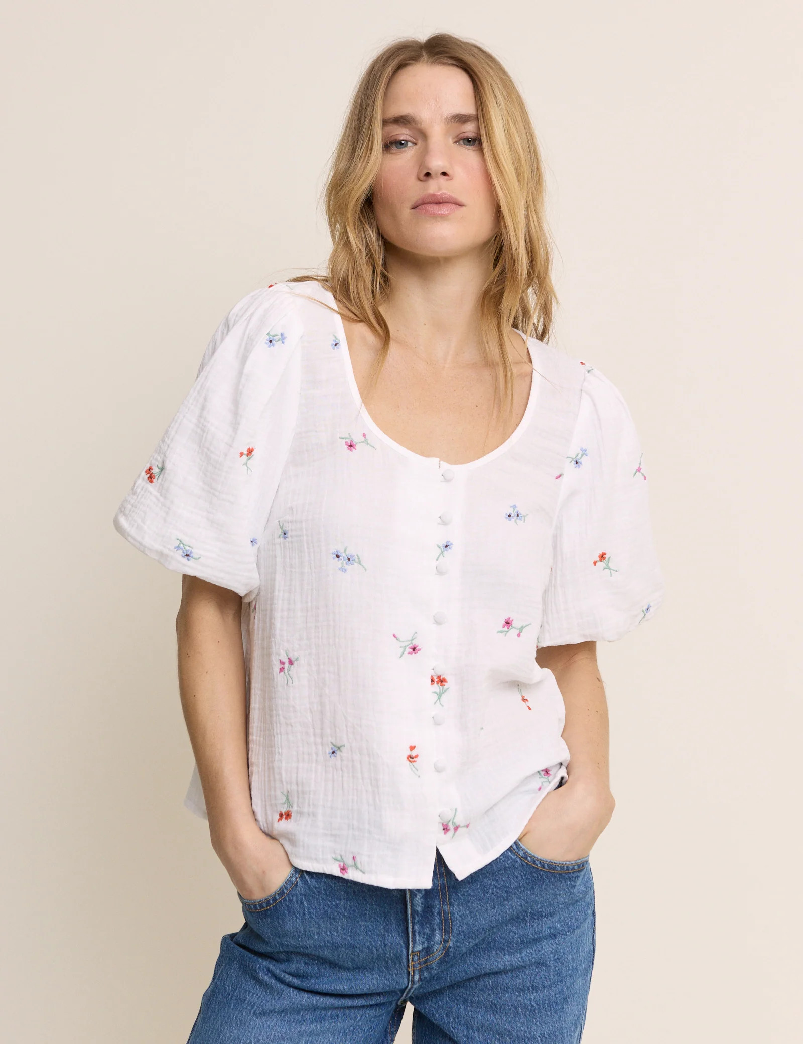 White Embriodered Scoop Neck Edris Blouse | Nobody's Child
