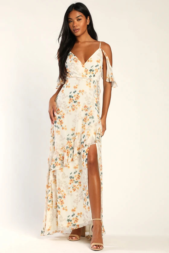 Shadow Blooms Cream Floral Print Ruffled Maxi Dress | Lulus (US)