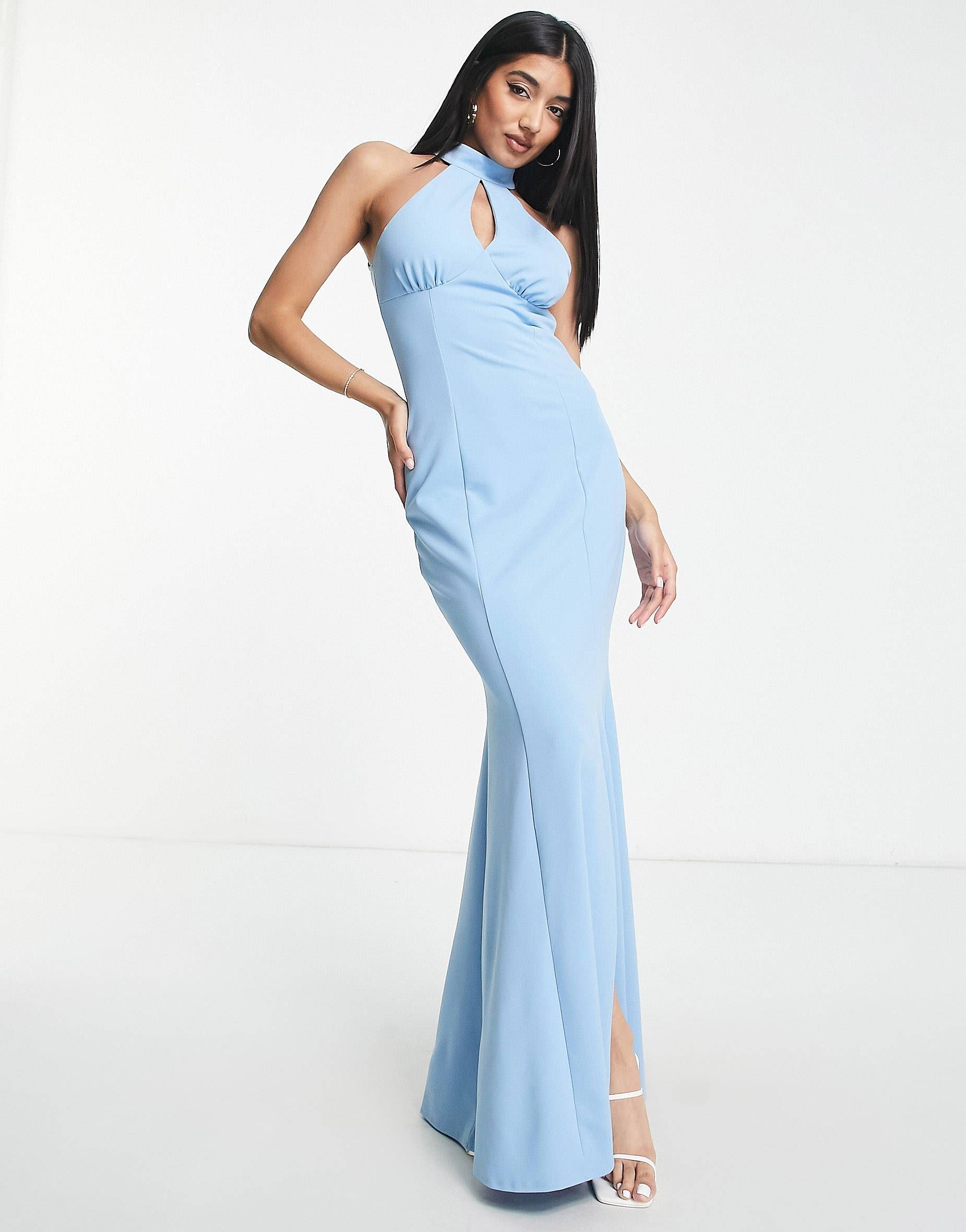 Little Mistress halter neck maxi prom dress in blue | ASOS (Global)