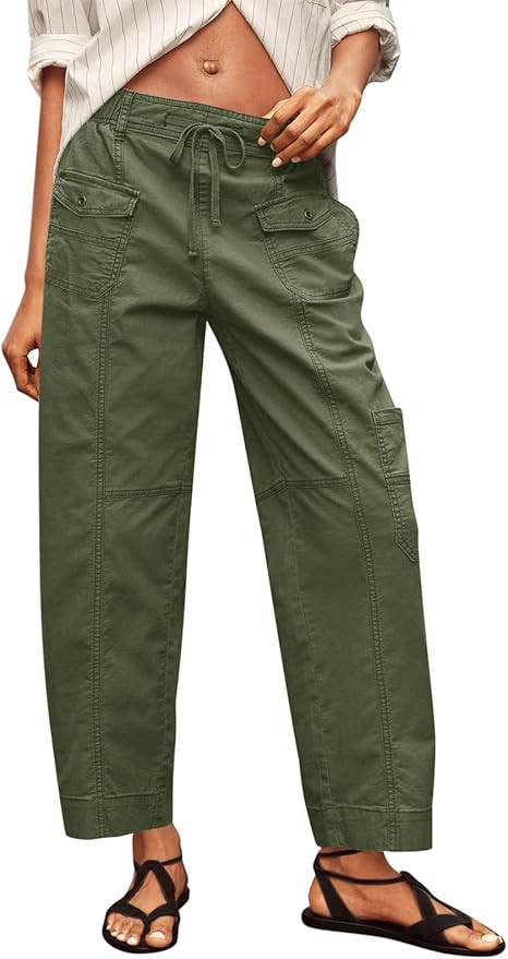 Fisoew Womens 100% Cotton Cargo Pants Drawstring Elastic Waist Casual Hiking Work Pants with Mult... | Amazon (US)