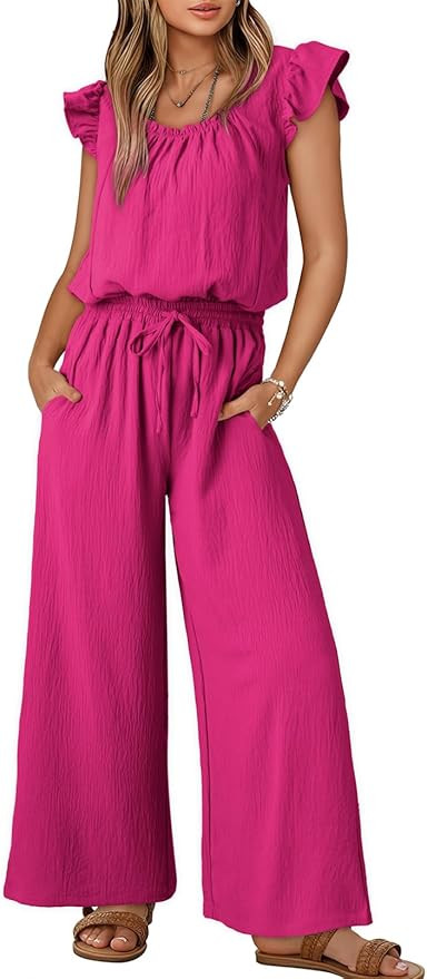 Dokotoo Jumpsuits for Women 2026 Summer Ruffle Sleeves Square Neck Rompers Drawstring Overalls wi... | Amazon (US)