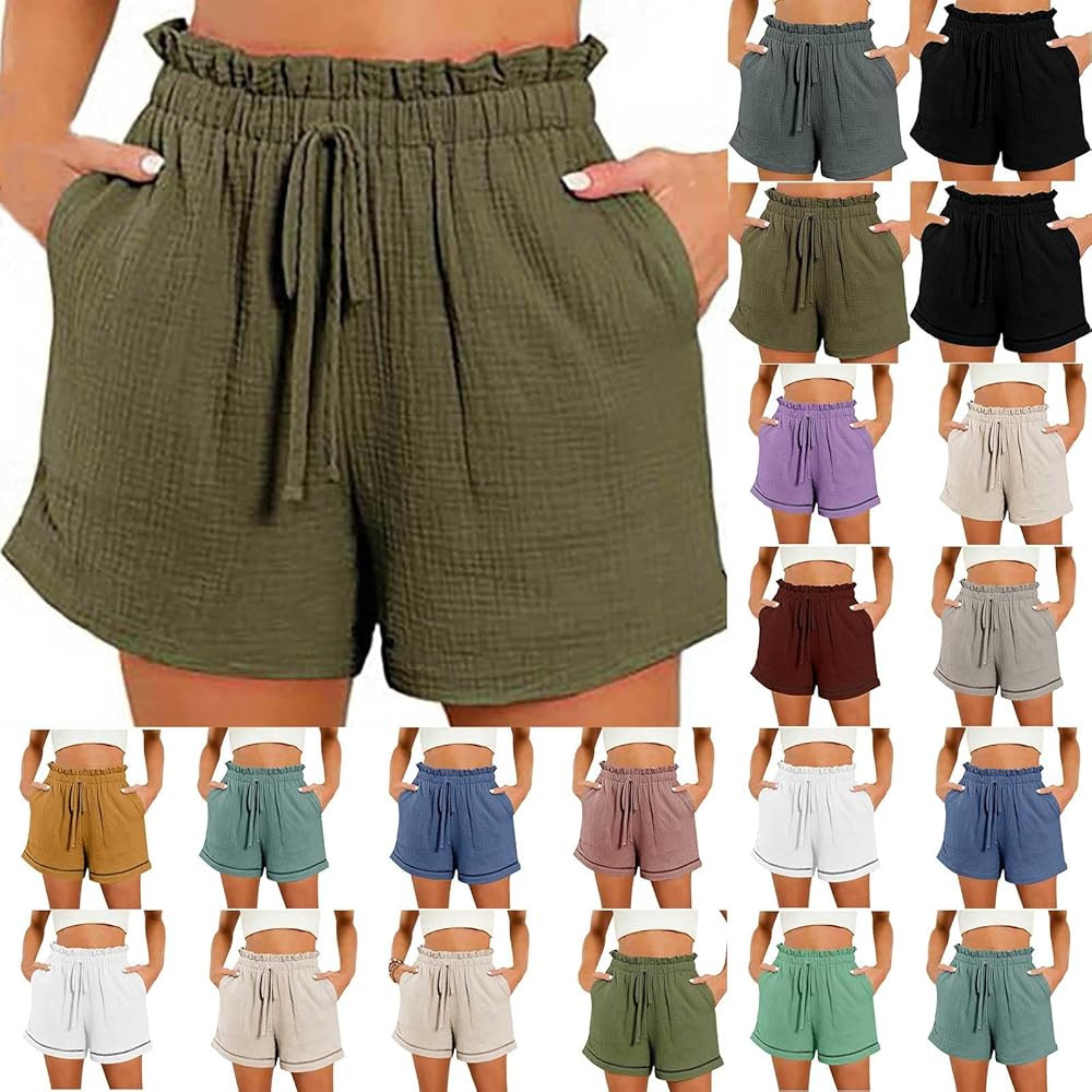 Linen Shorts for Women Drawstring Elastic Waist Shorts High Waisted Shorts Women Plus Size Athlet... | Amazon (US)