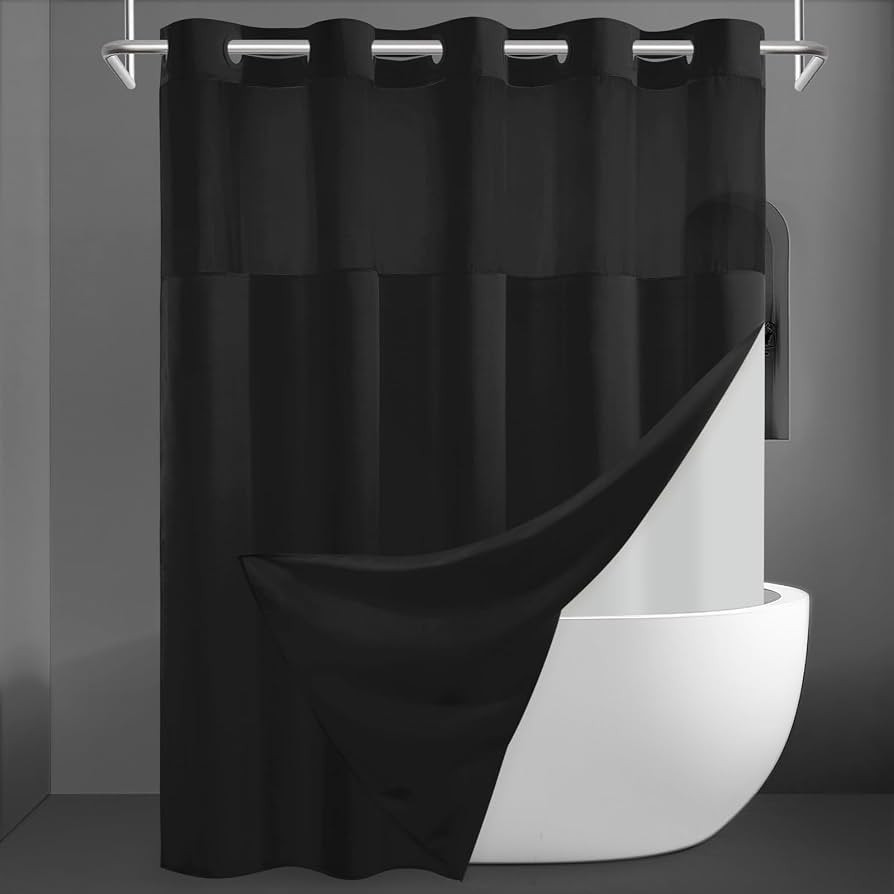 No Hook Slub Textured Shower Curtain with Snap in Liner - Black Fabric Outer Curtain & Waterproof... | Amazon (US)