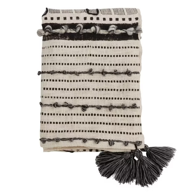 48"x72" Cotton Throw Blanket with Block Print and Embroidered Design Ivory - SARO | Target