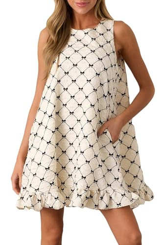 YEXPINE Women's Sleeveless Bow Mini Dress Crewneck Ruffle Hen Bow Print Cute Babydoll Dress Apricot | Amazon (US)