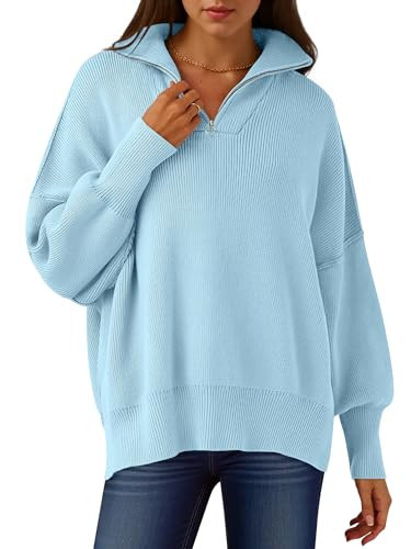 ANRABESS Women's Oversized Fashion Long Sleeve Quarter Zip Baggy Loose Slouchy Sweater Pullover Tops 2025 Fall Outfits Light Blue Medium | Amazon (US)
