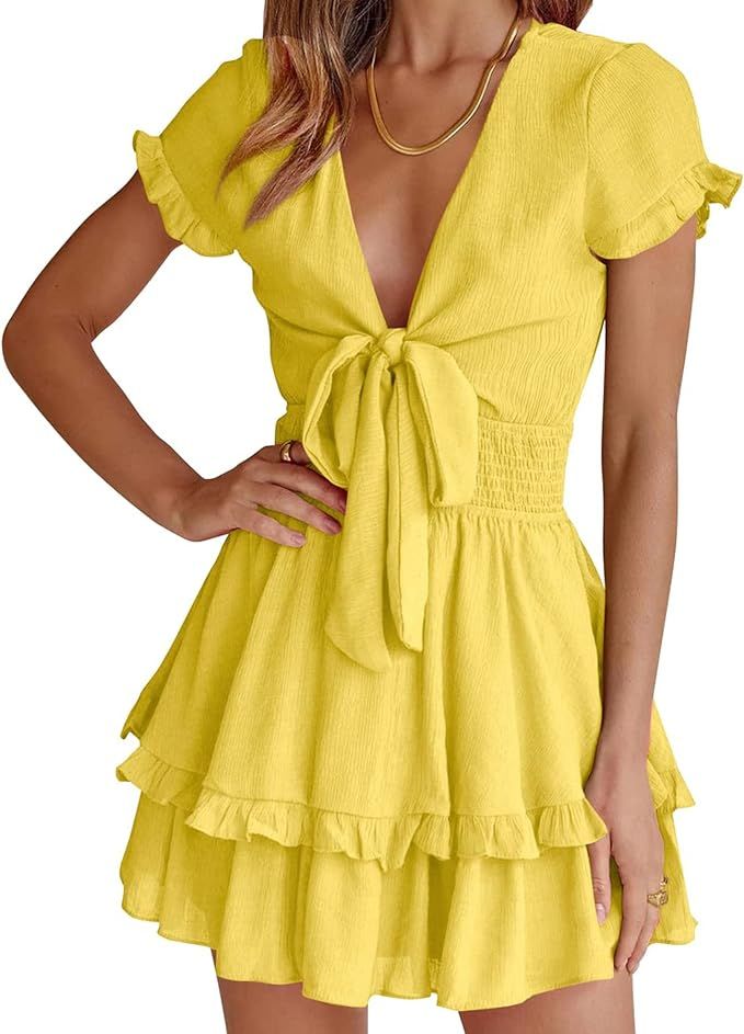 PRETTYGARDEN Women's 2024 Summer Swing Mini Dress Tie Front V Neck Short Sleeve Ruffle Layer A-Li... | Amazon (US)