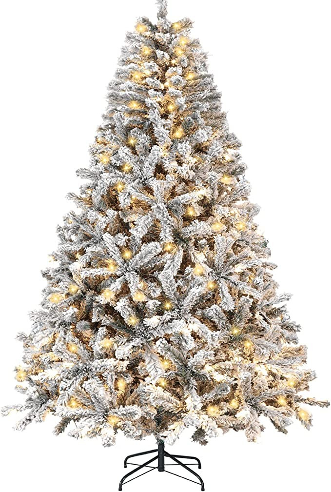 Amazon.com: 7.5 Ft Pre Lit Flocked Christmas Tree Artificial Big Xmas Tree with 320 Warm White LE... | Amazon (US)