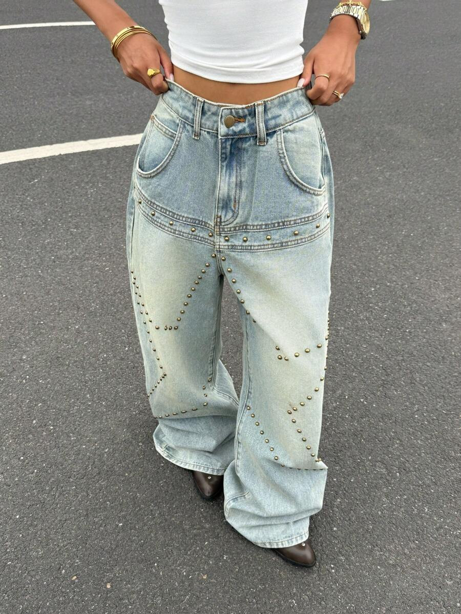 Muchica Women's Distressed Washed Star Rivet Wide-Leg Jeans, Suitable For Street Wear, Going Out,... | SHEIN