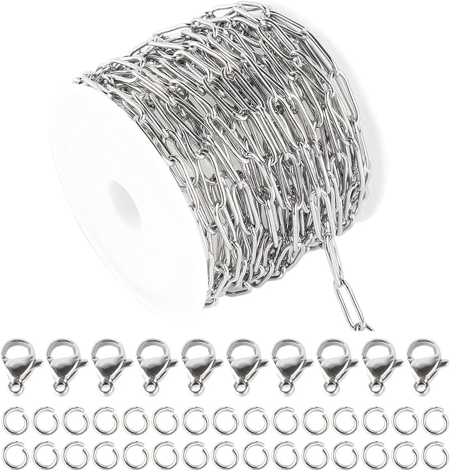 UMAOKANG 16.4 Feet Silver Jewelry Chain Stainless Steel 4mm Width Oval Paperclip Chain Link Cable... | Amazon (US)
