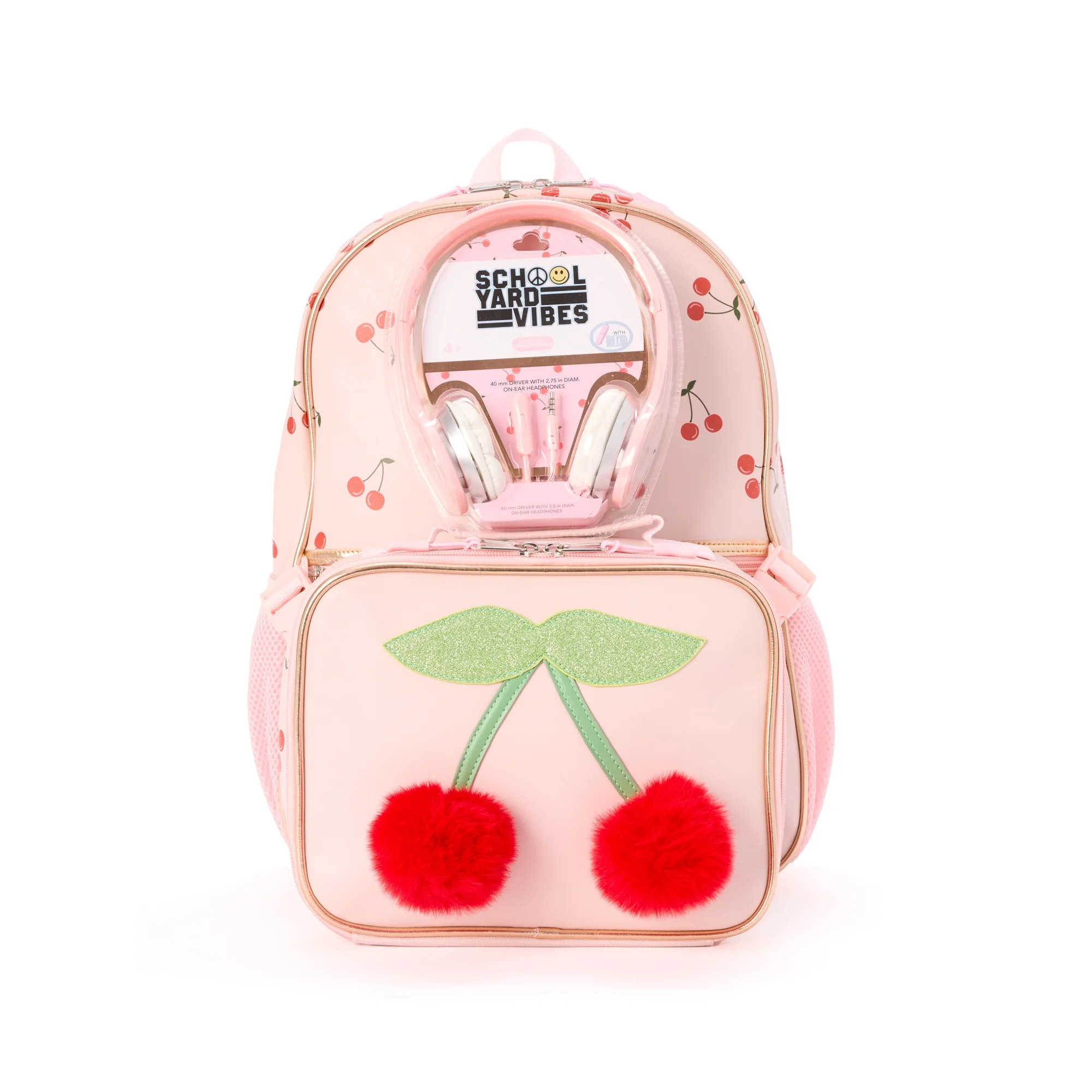 Schoolyard Vibes 17" Girls' 3-Piece Cherry Kids Backpack Set with Headphones & Lunch Box, Pink | Walmart (US)
