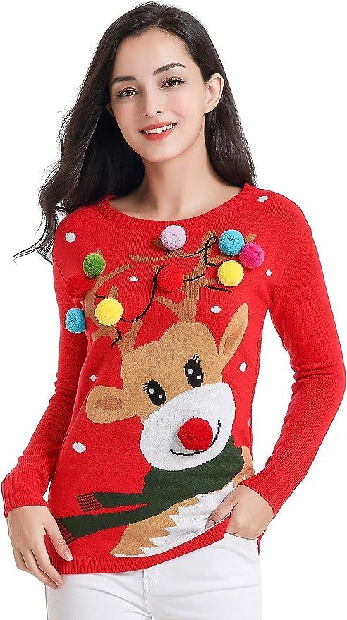 v28 Ugly Christmas Sweater for Women Vintage Funny Merry Tunic Knit Sweaters | Amazon (US)