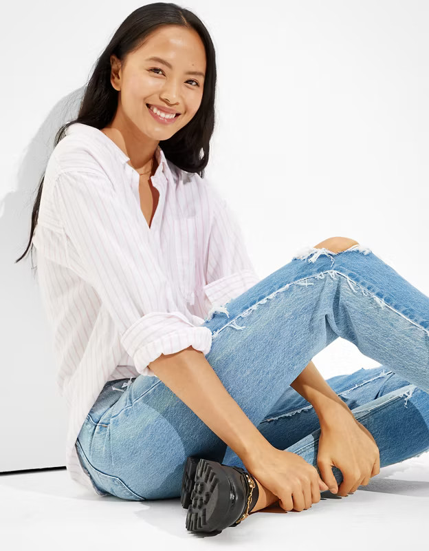 AE Striped Oversized Oxford Button-Up Shirt | American Eagle Outfitters (US & CA)
