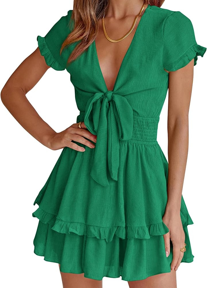 PRETTYGARDEN Women's 2024 Summer Swing Mini Dress Tie Front V Neck Short Sleeve Ruffle Layer A-Li... | Amazon (US)