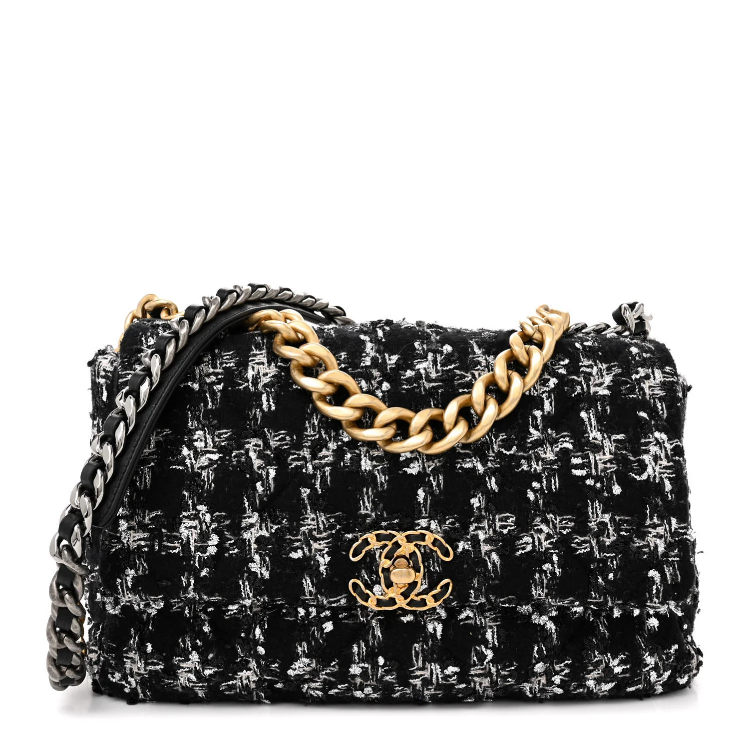 Tweed Quilted Large Chanel 19 Flap Black Ecru White | FASHIONPHILE (US)