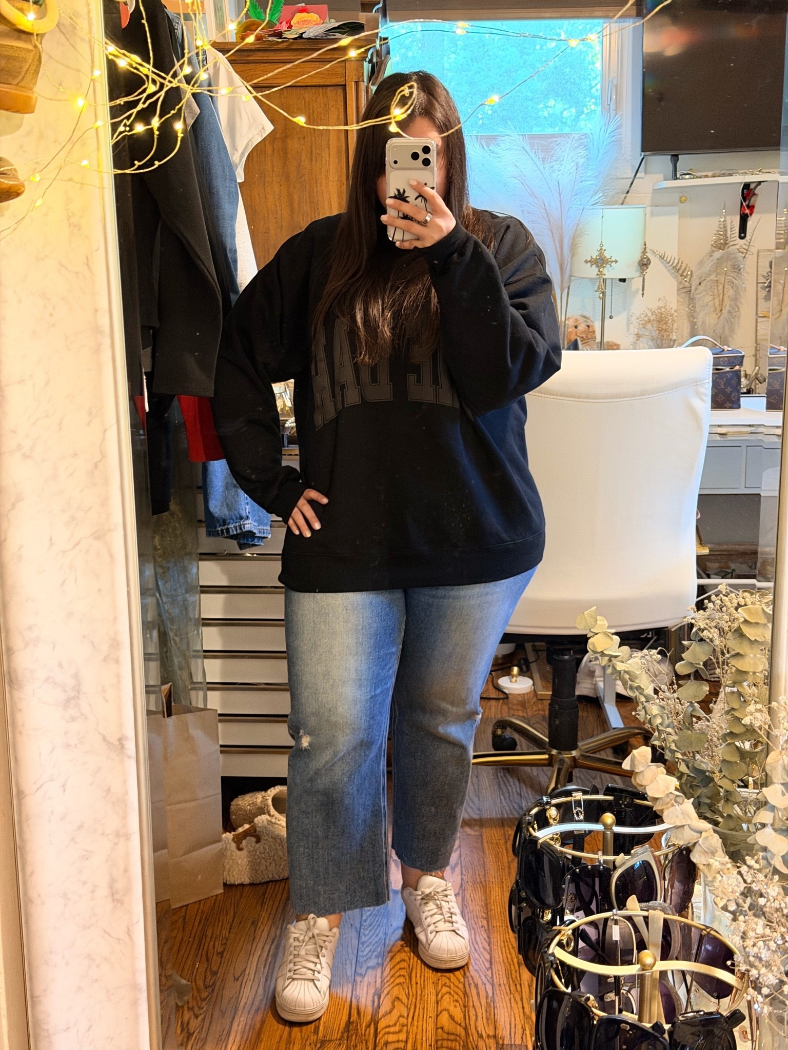 I wear this Bar sweatshirt multiple times a week. It’s my emotional support sweatshirt 

My jeans are old Talulah but linking similar

#LTKSeasonal #LTKootd #LTKMidsize
