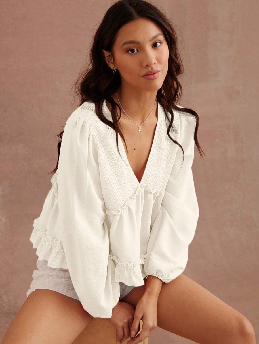 WESTFADE Valentine's Day Mixed Media Knit & Woven V Neck Babydoll Long Sleeve Top Festival | SHEIN