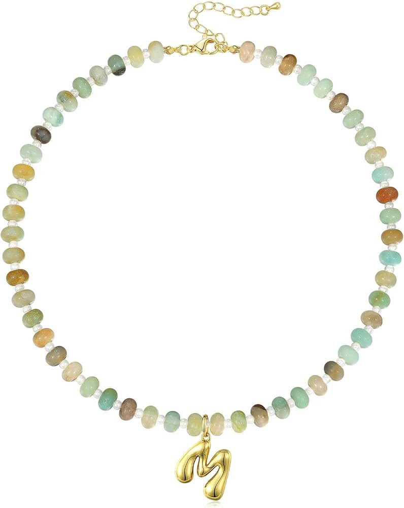 KissYan Initial Necklaces for Women, Colorful Beaded Gemstone Choker 14K Gold Bubble Letter Penda... | Amazon (US)