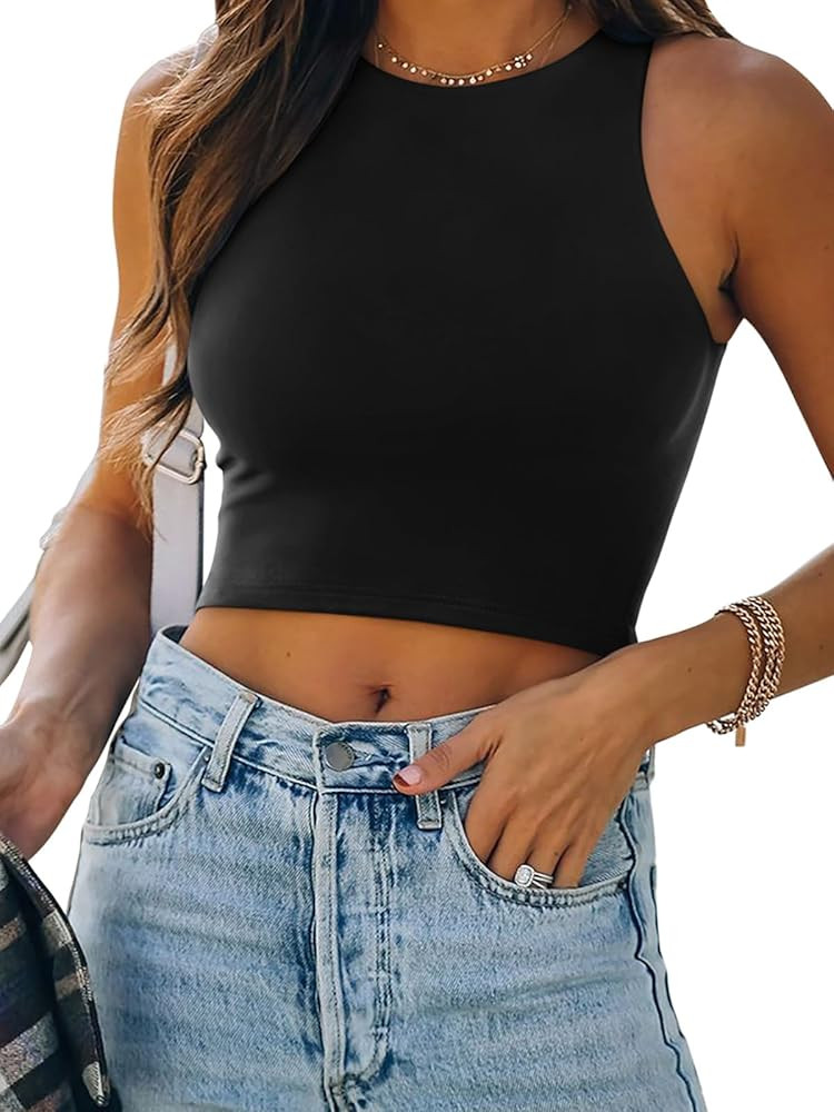 REORIA Butsmooth® Women's Sleeveless Halter Neck Double Lined Casual Basic Crop Tank Tops | Amazon (US)