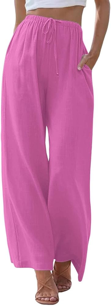 Womens Cotton Linen Palazzo Pants Casual High Waisted Beach Trousers Flowy Wide Leg Boho Bottom w... | Amazon (US)