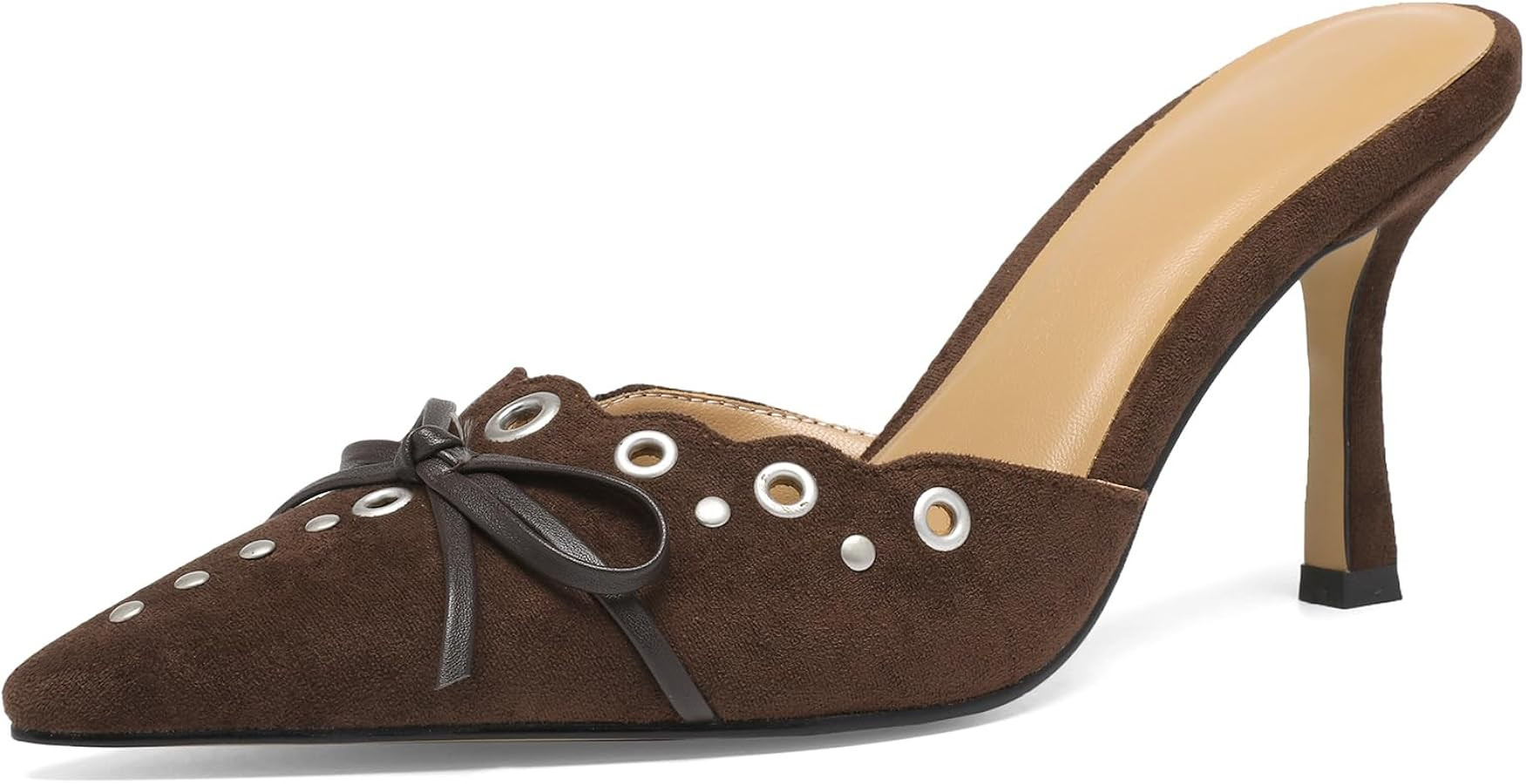 Heeled Mules for Women Pointed Toe Suede Heels Bow Tie Slip On Pumps | Amazon (US)