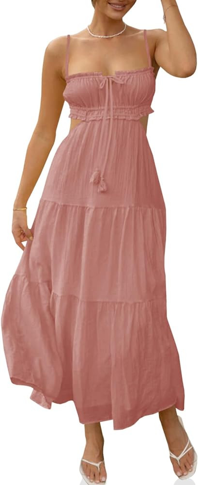 Fisoew Women's Spaghetti Strap Maxi Dress Summer Sleeveless Side Cut Out Dress Casual Boho Backle... | Amazon (US)