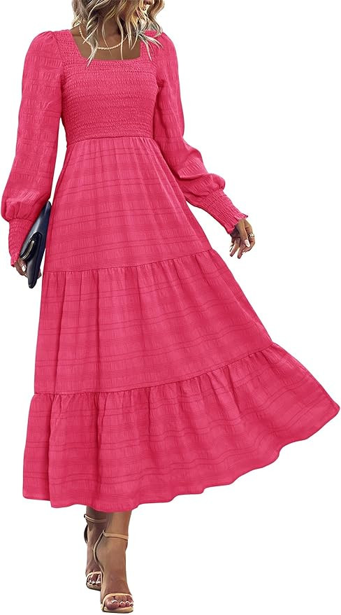 KIRUNDO Spring Dresses for Women 2026 Wedding Guest Maxi Long Sleeve Summer Smocked High Waist Fl... | Amazon (US)
