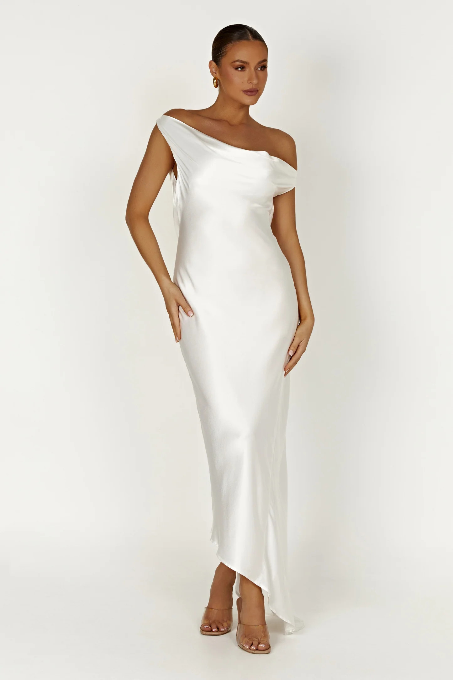 Yvette Slip Maxi Dress With Asymmetrical Hem - White | MESHKI US