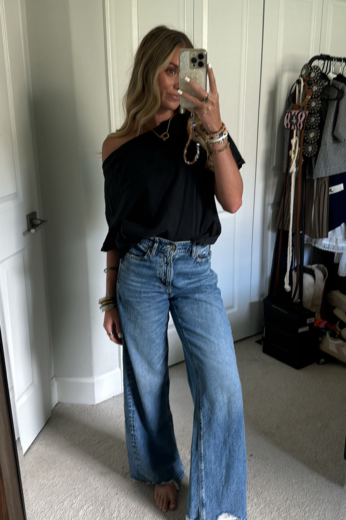 Henri girl necklace. Nuuds off the shoulder shirt. American Eagle wide leg denim jeans  

#LTKSaleAlert #LTKFindsUnder50 #LTKStyleTip