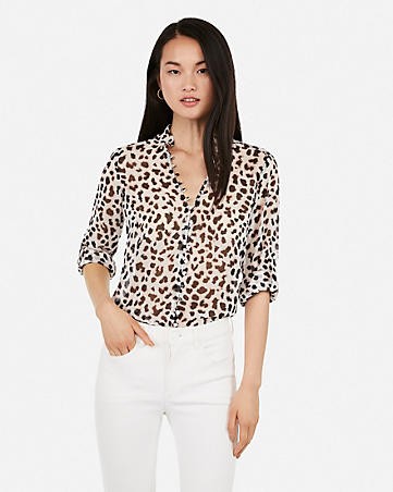 slim fit leopard ruffle chiffon portofino shirt | Express