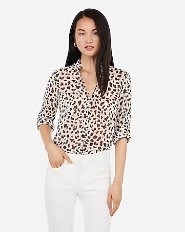 slim fit leopard ruffle chiffon portofino shirt | Express